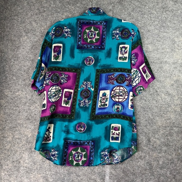COMO Studio Vintage Artsy Hippie Tarot Print Shirt Teal Purple Rayon Size 6 - Picture 12 of 16